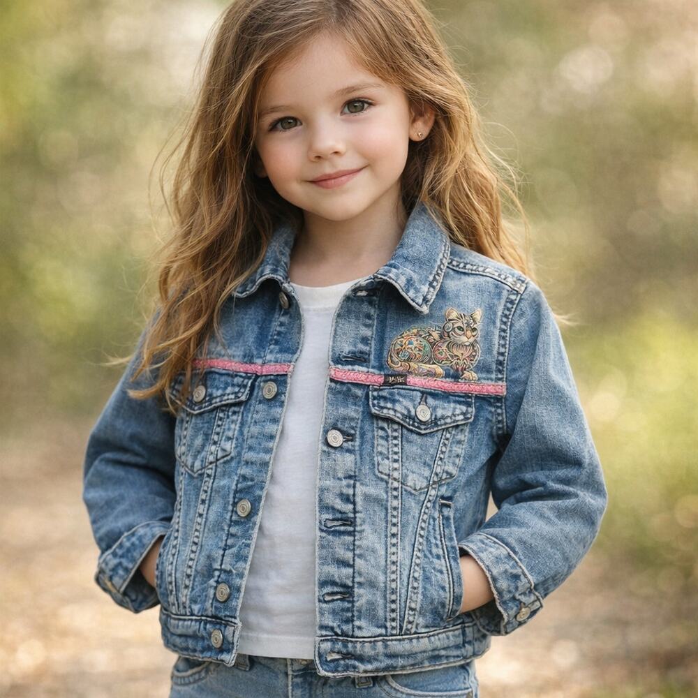 Repurposed & Blinged Girls Polo Jacket w Pink Glitter Ribbon & Colorful Cat L